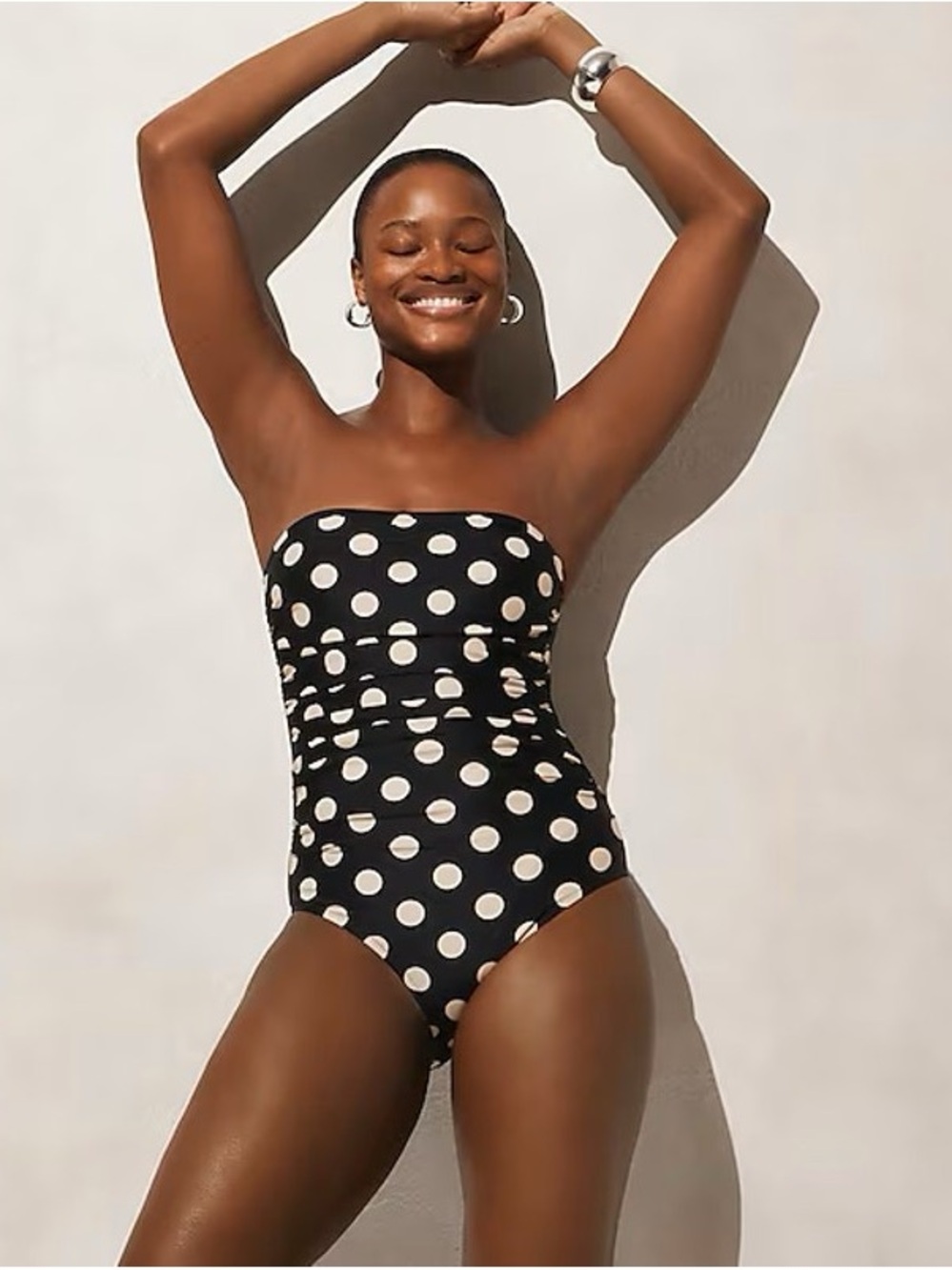 J.Crew Gemma Ruched Bandeau One Piece Swimsuit - 8 - Black Cream Polka Dots